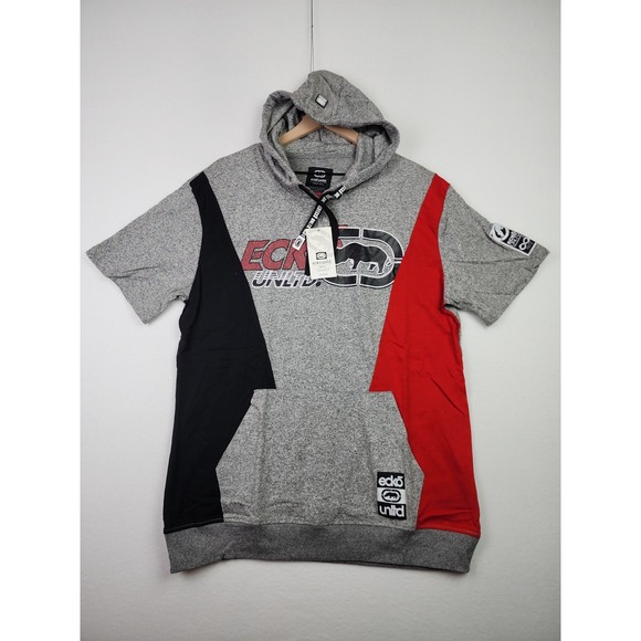 Ecko Unltd Short Sleeve Hoodie Colorblock Gray Red Black Logo Mens Size XL NWT - Picture 1 of 15